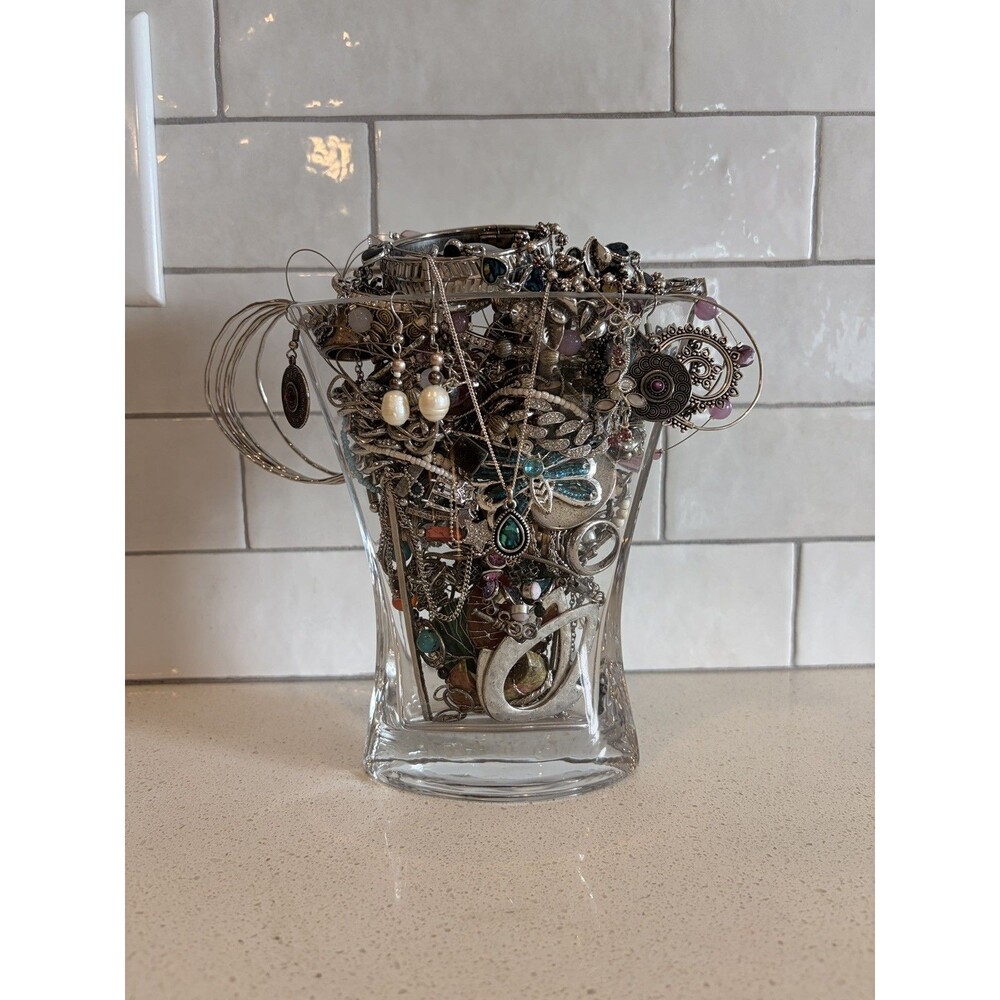 VTG Mystery All Silver Tone Jewelry Jar In Murano Dish Ring Necklace Earring